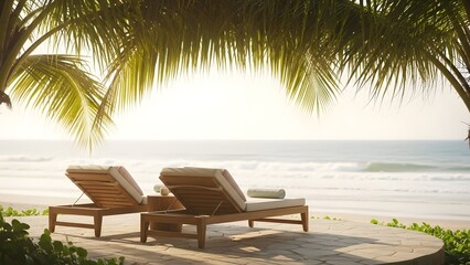 Lounge chairs on a tropical beach by the ocean with palm trees and clear blue sky