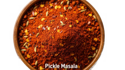 Spicy pickle masala mix in a wooden bowl with visible spices isolated on transparent background