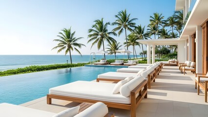 Luxury hotel swimming pool at a tropical resort featuring palm trees and relaxing chairs under a sunny summer sky near the turquoise ocean sand beach