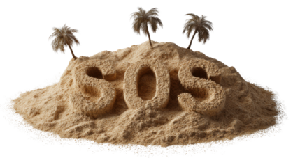 Sos signal on a desert island, sand writing for help, stranded, lost, distress message with palm trees