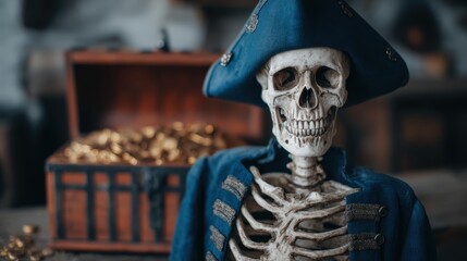 A pirate skeleton in a blue coat sits beside a treasure chest filled with gold coins, evoking themes of adventure and mystery.