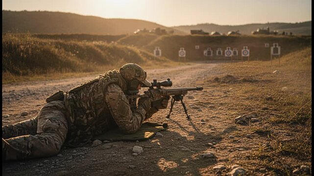 Soldier aiming rifle at target range with natural light