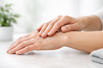 Close-up of woman applying moisturizing lotion to hands for skin care and hydration