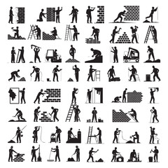 Construction Workers Activity Icon Set Building Repair Masonry Industrial Labor Vector