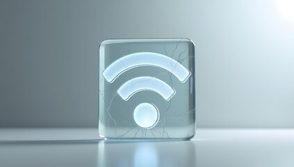 A glass Wi-Fi symbol with visible cracks, standing upright on a neutral surface, symbolizing fragile digital infrastructure