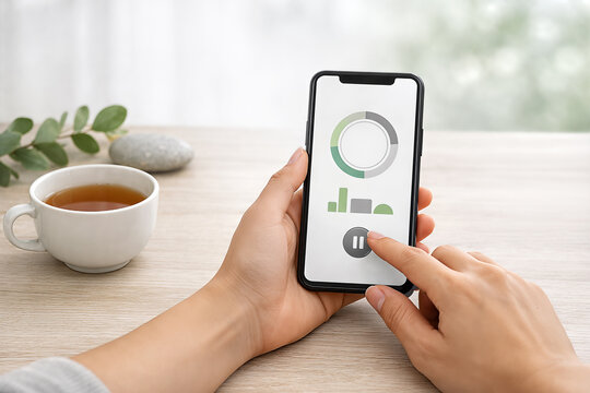 Person using health tracking app on smartphone with tea and plant on wooden table