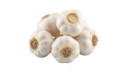 Fresh garlic bulbs arranged in a pile isolated on transparent background