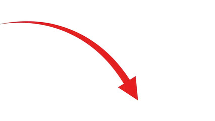 Red curved arrow on transparent background, down right direction icon, bold red swoosh pointer for navigation, growth, decline, or workflow design
