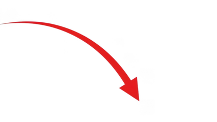 Red curved arrow on transparent background, down right direction icon, bold red swoosh pointer for navigation, growth, decline, or workflow design
