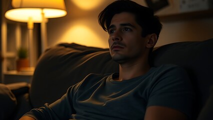 Thoughtful person on a cozy couch at night, illuminated by warm ambient lighting in an intimate home.