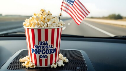 national popcorn day snack with USA flag in car