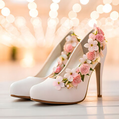 beautiful woman shoes with flowers on blurred light