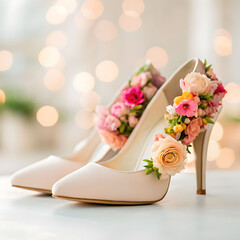 beautiful woman shoes with flowers on blurred light