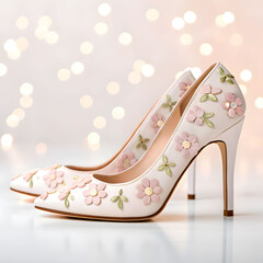 beautiful woman shoes with flowers on blurred light