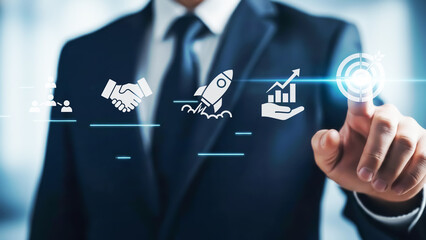 Businessman interacting with futuristic digital interface for innovation and growth