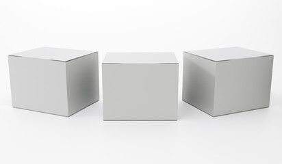 Blank product packaging boxes standing on a clean white background. Standard mockup suitable for branding, label design, retail packaging presentation, and product display