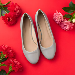 beautiful grey female shoes and flowers on red background
