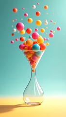 A narrow glass funnel blocking colorful idea spheres from passing through, symbolizing innovation bottlenecks