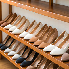 beautiful female shoes on wooden shelf