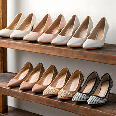 beautiful female shoes on wooden shelf