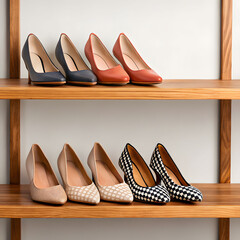 beautiful female shoes on wooden shelf