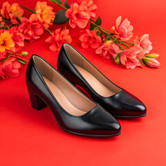 beautiful black female shoes and flowers