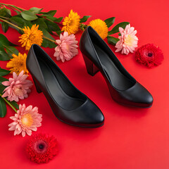 beautiful black female shoes and flowers