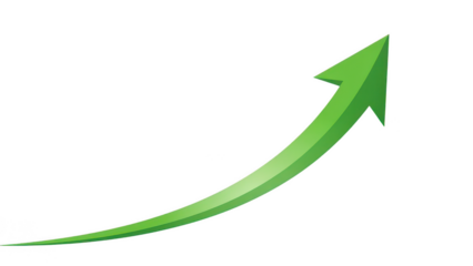 Upward growth arrow icon on transparent background, green gradient curved uptrend symbol for business progress, finance analytics, startup marketing design element
