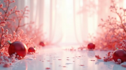 Dreamy Christmas Background with Red Ornaments and Frosted Pink Branches in a Soft Winter Scene,  happy Chinese new year , Korean decoration Red	 happy Chinese new year , Korean decoration Red	