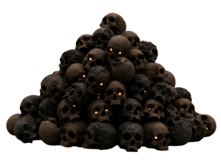 Creepy Pyramid of Ancient Skulls with Eerie Glowing Eyes On White Background On White Background