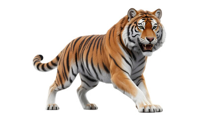 Obraz premium Tiger stalking forward with open mouth, powerful predator, fierce gaze, dramatic lighting, on black background, cinematic rendering