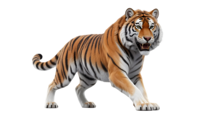 Tiger stalking forward with open mouth, powerful predator, fierce gaze, dramatic lighting, on black background, cinematic rendering