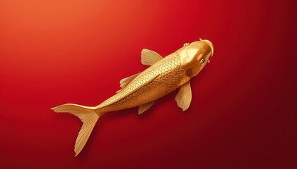 Single Golden Koi Fish Sculpture Swimming on Solid Red Background for Lunar New Year and Good Fortune,  happy Chinese new year , Korean decoration Red	