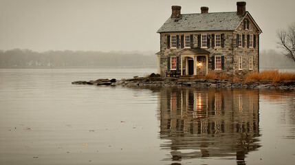 Naklejka premium A stone house on a small island reflected in calm water during foggy weather.