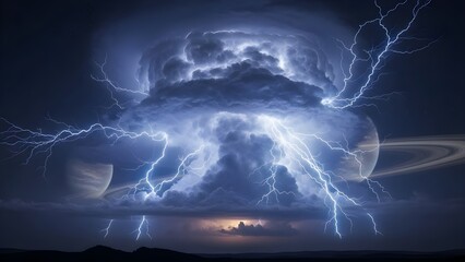 Dramatic thunderstorm with intense lightning illuminating dark clouds and planets in the night sky creating a breathtaking celestial spectacle