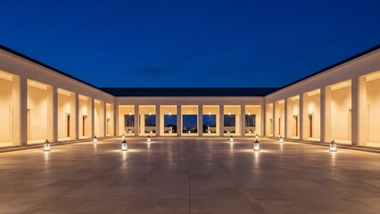 Fototapeta premium Modern courtyard with colonnade illuminated at dusk, showcasing elegant architectural design and serene ambiance