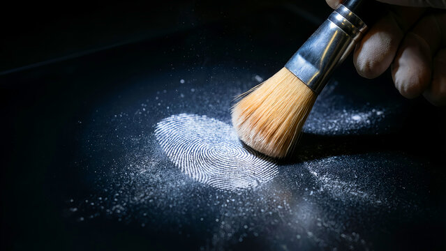 Forensic expert carefully dusting a latent fingerprint impression with white powder using a fine-bristled brush during a criminal investigation scene analysis.
