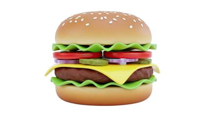 Stylized 3D Burger with Cheese, Lettuce, Tomato, Onion, and Pickles
