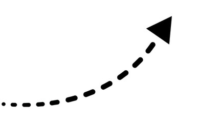Curved dashed arrow icon on transparent background, black dotted path with triangular arrowhead, minimalist direction symbol for UI, web, infographic
