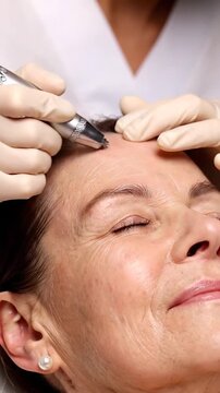 Close-up of a gloved hand performing a cosmetic procedure on a woman's forehead