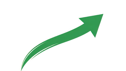 Green curved arrow icon on transparent background, upward swoosh direction symbol, minimal vector-style graphic for growth, navigation and UI design
