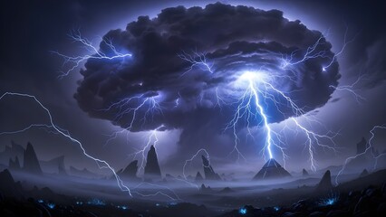 Dramatic thunderstorm with lightning bolts illuminating dark clouds over a rugged mountainous landscape at dusk with mysterious blue glowing rocks in the foreground.