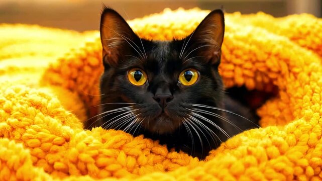 Captivating portrait of a sleek black cat with striking amber eyes nestled securely within a vibrant, cozy, textured, bright orange knitted blanket providing maximum comfort and warmth.