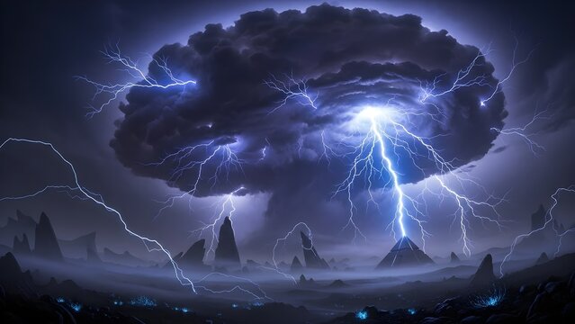 Dramatic thunderstorm with lightning bolts illuminating dark clouds over a rugged mountainous landscape at dusk with mysterious blue glowing rocks in the foreground. - Powered by Adobe
