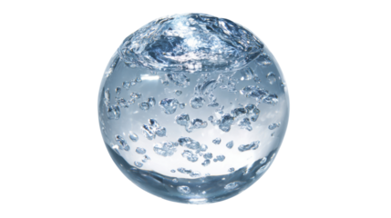 Water sphere with effervescent bubbles, indicating purity and hydration, isolated with transparent background