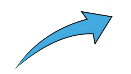 Curved blue upward arrow icon on transparent background, vector-style illustration with smooth swoosh curve and simple flat design, navigation and growth direction symbol for UI and infographics
