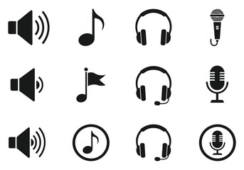 Collection of audio and music icons including speakers, notes, headphones, and microphones