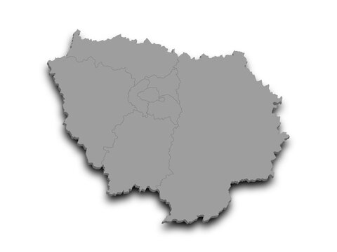 3d Ile-de-France map, departments and prefectures of the Paris Region. Ile de france region administrative map.