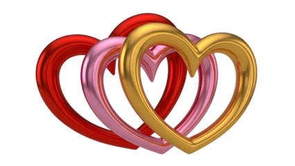 Shiny 3D graphic of interlocking red, pink, and gold hearts for romance and connection. isolated PNG with Transparent Background