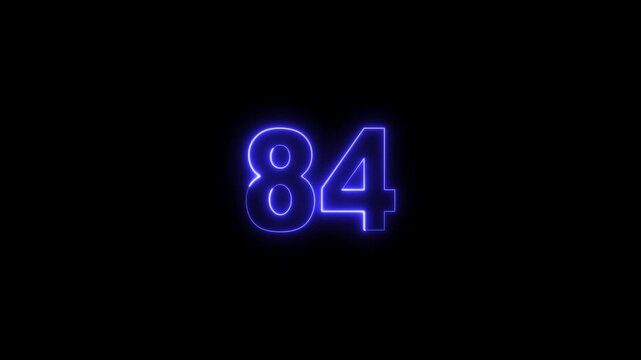 Neon Number 84 Glowing Digits on Black Background, Futuristic Neon Light Numeric Symbol for Countdown, Score, Achievement and Digital Interface Design